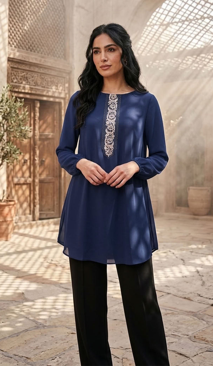 Suroor Embroidered Long Modest Tunic - Navy Blue - PREORDER (ships in 2 weeks)