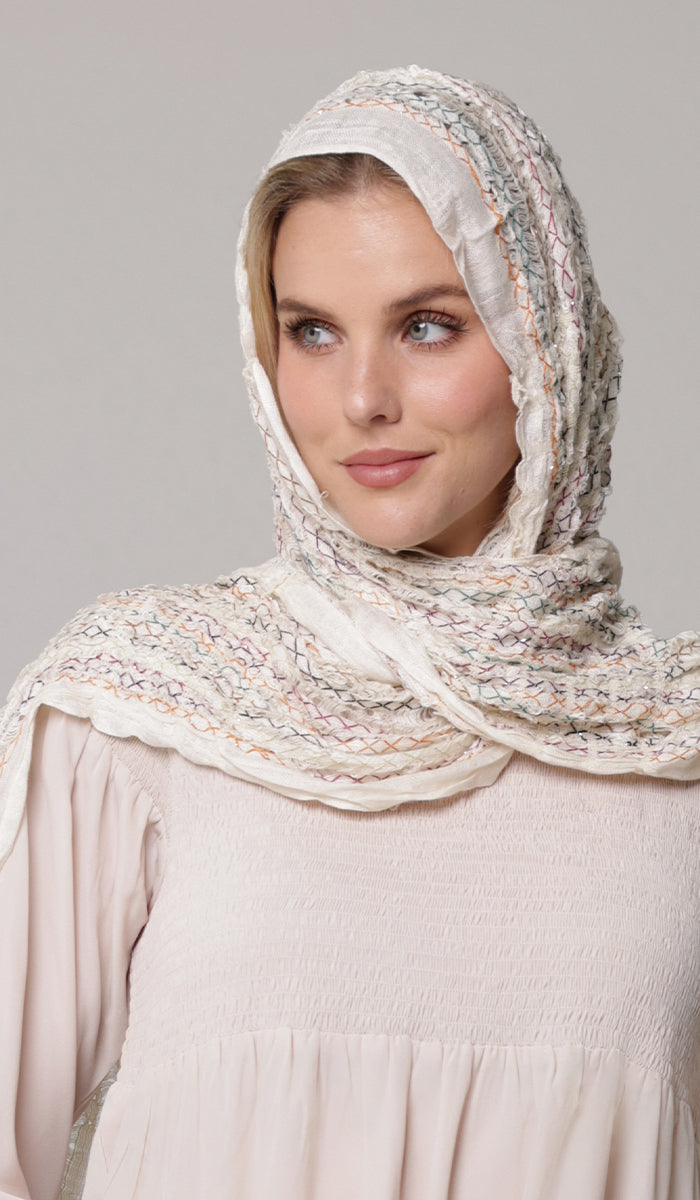 Tara Non-slip Stretchy Embroidered Wrap Hijab Scarf - Cream/Multi
