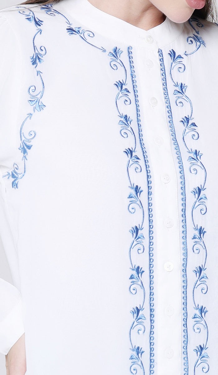 Tasin Embroidered Modest Buttondown Tunic - Off White/Blue - PREORDER (ships in 2 weeks)