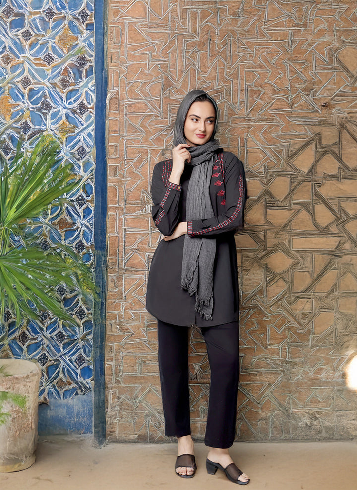 Aya Tatreez inspired Embroidered Modest Button down Shirt - Black - PREORDER (ships in 2 weeks)