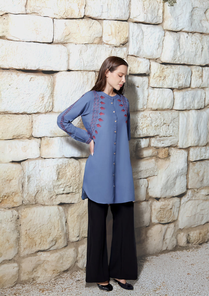 Aya Tatreez inspired Embroidered Modest Button down Shirt - Denim Blue - PREORDER (ships in 2 weeks)