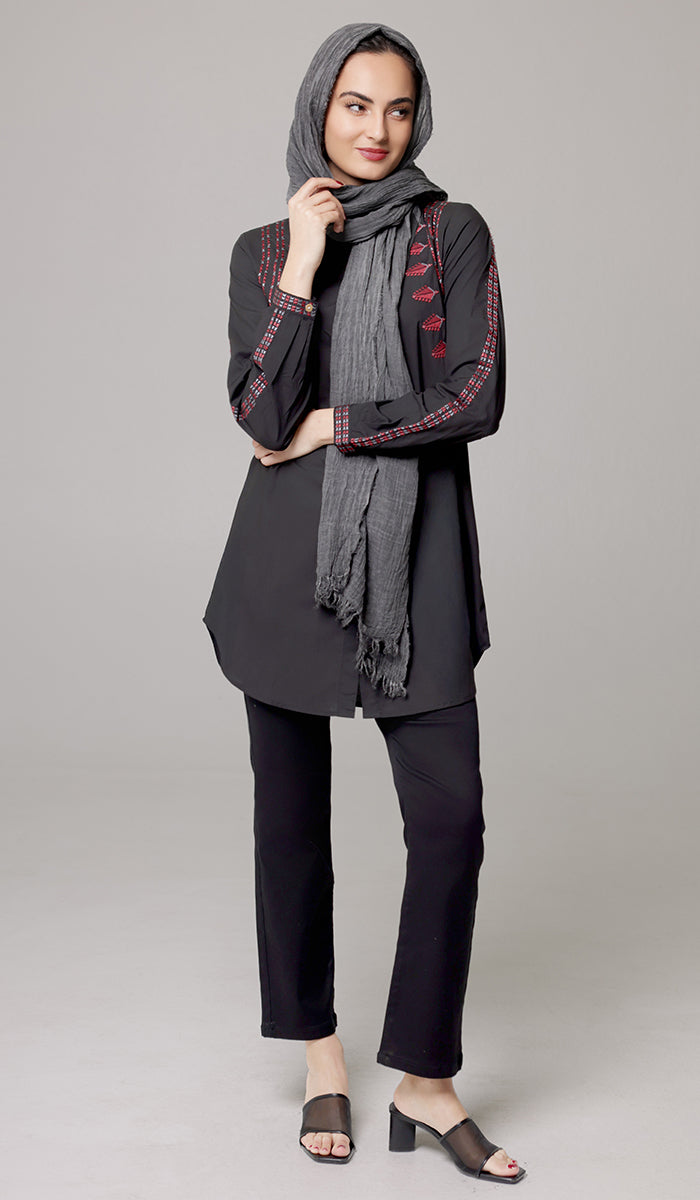 Aya Tatreez inspired Embroidered Modest Button down Shirt - Black - PREORDER (ships in 2 weeks)