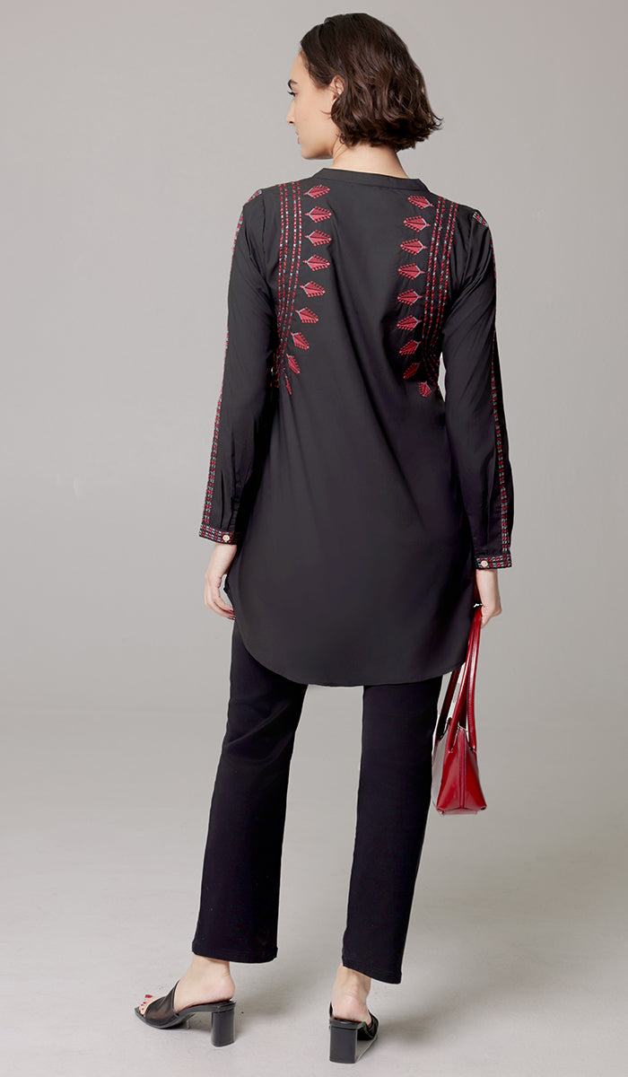 Aya Tatreez inspired Embroidered Modest Button down Shirt - Black - PREORDER (ships in 2 weeks)