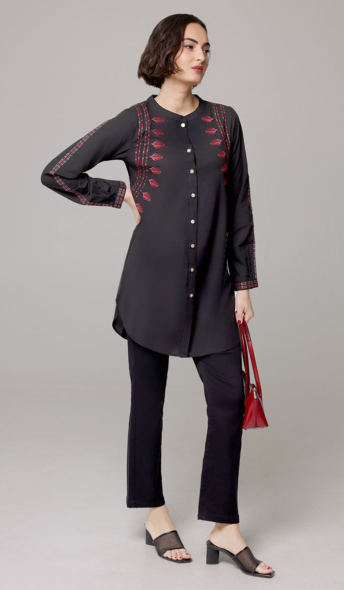 Aya Tatreez inspired Embroidered Modest Button down Shirt - Black - PREORDER (ships in 2 weeks)
