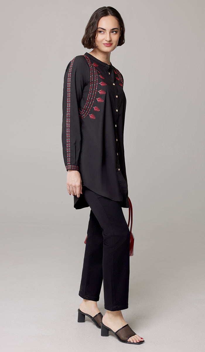 Aya Tatreez inspired Embroidered Modest Button down Shirt - Black - PREORDER (ships in 2 weeks)