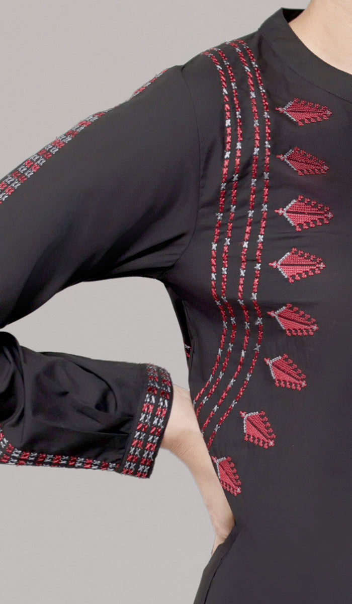 Aya Tatreez inspired Embroidered Modest Button down Shirt - Black - PREORDER (ships in 2 weeks)