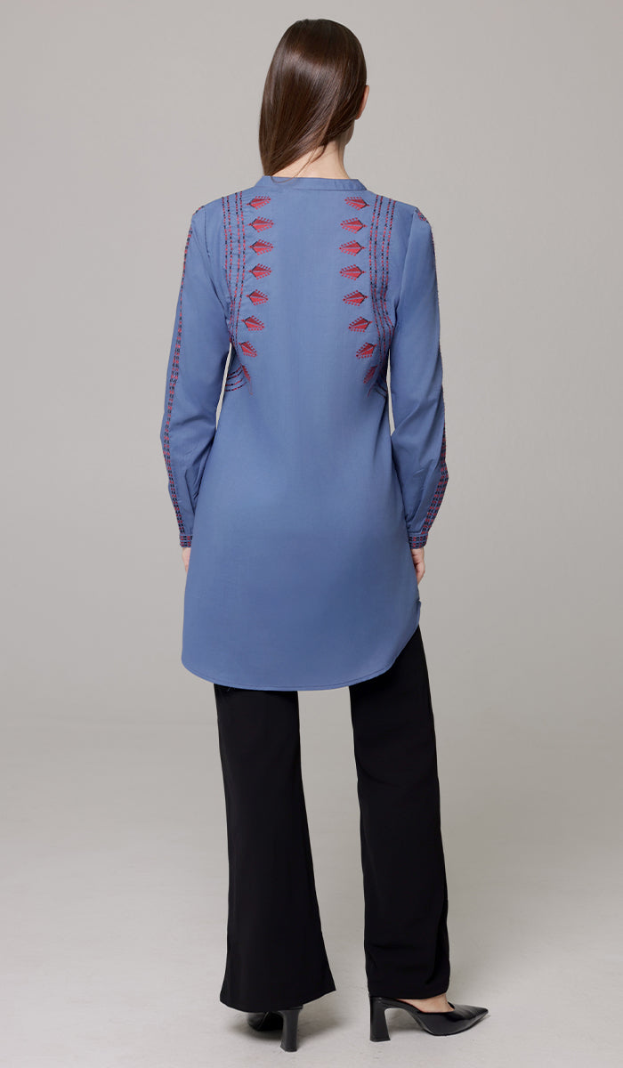 Aya Tatreez inspired Embroidered Modest Button down Shirt - Denim Blue - PREORDER (ships in 2 weeks)