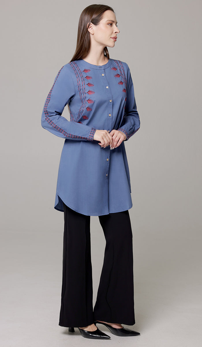 Aya Tatreez inspired Embroidered Modest Button down Shirt - Denim Blue - PREORDER (ships in 2 weeks)