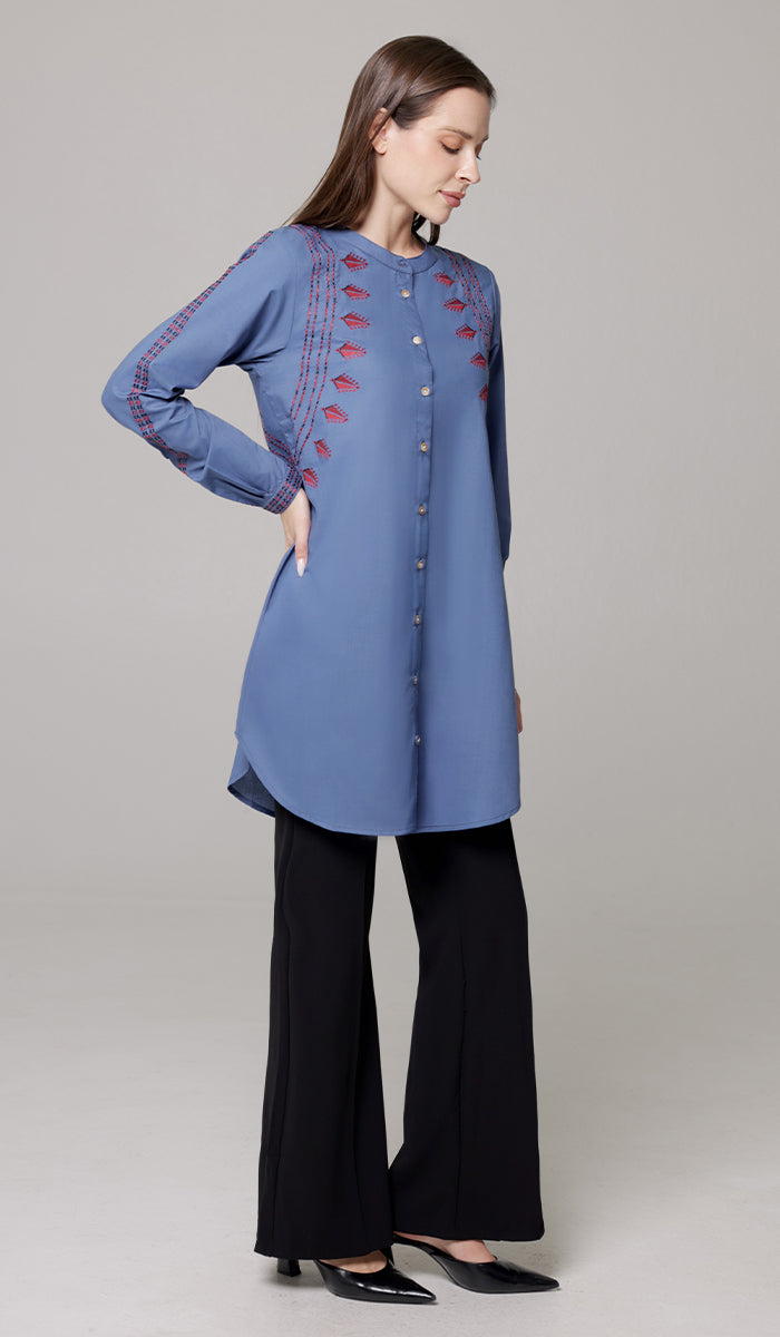 Aya Tatreez inspired Embroidered Modest Button down Shirt - Denim Blue - PREORDER (ships in 2 weeks)