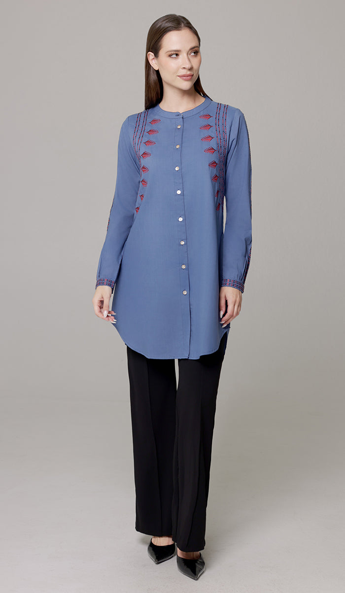 Aya Tatreez inspired Embroidered Modest Button down Shirt - Denim Blue - PREORDER (ships in 2 weeks)