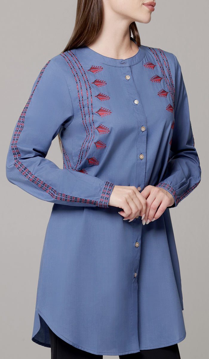 Aya Tatreez inspired Embroidered Modest Button down Shirt - Denim Blue - PREORDER (ships in 2 weeks)
