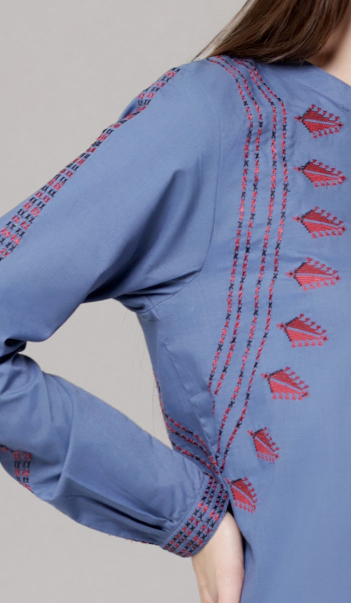 Aya Tatreez inspired Embroidered Modest Button down Shirt - Denim Blue - PREORDER (ships in 2 weeks)