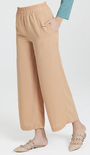 Pantalon ample à jambe large et fluide à taille extensible Ula - Caramel 