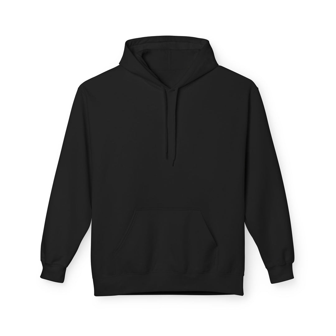A person wearing a black fleece hoodie with the Arabic calligraphy for 'Sabr' (Patience) printed in white on the back.
