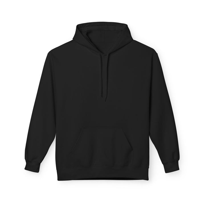 A person wearing a black fleece hoodie with the Arabic calligraphy for 'Sabr' (Patience) printed in white on the back.
