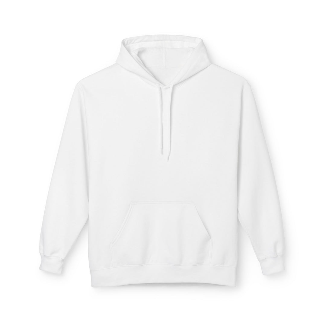 A person wearing a beige fleece hoodie with the Arabic calligraphy of 'Sabr' printed on the back.