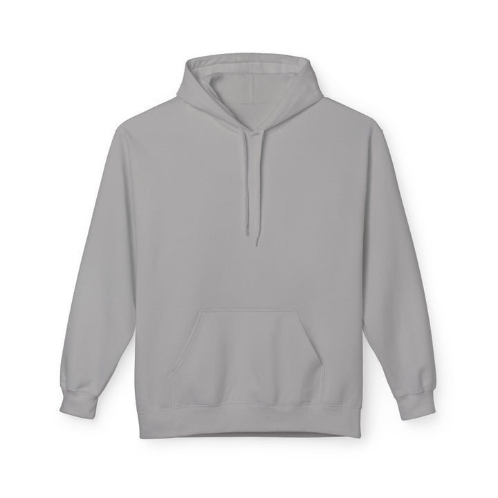 A person wearing a beige fleece hoodie with the Arabic calligraphy of 'Sabr' printed on the back.