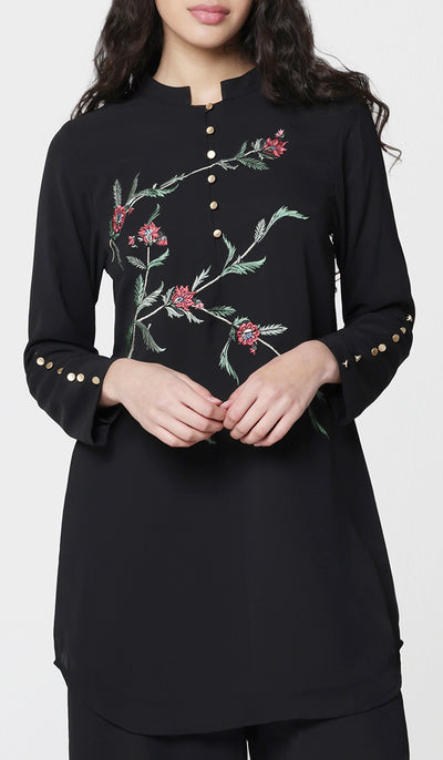 Uzma Chiffon Embroidered Long Modest Tunic - Black - PREORDER (ships in 2 weeks)