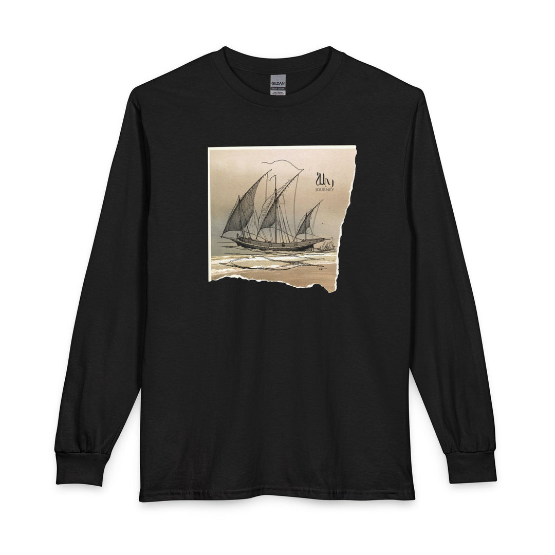 A black long-sleeve crewneck t-shirt featuring a square graphic print on the chest of a vintage sailing ship on a textured beige background with torn-paper edges.