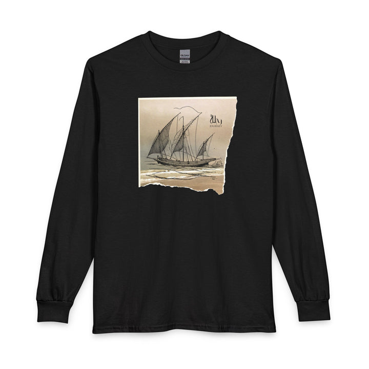 A black long-sleeve crewneck t-shirt featuring a square graphic print on the chest of a vintage sailing ship on a textured beige background with torn-paper edges.