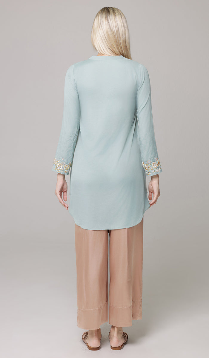 Wafa Embroidered Modest Formal Tunic - Sage/Gold/ Silver - PREORDER (ships in 2 weeks)