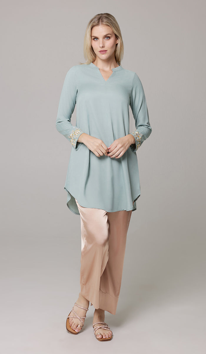 Wafa Embroidered Modest Formal Tunic - Sage/Gold/ Silver - PREORDER (ships in 2 weeks)