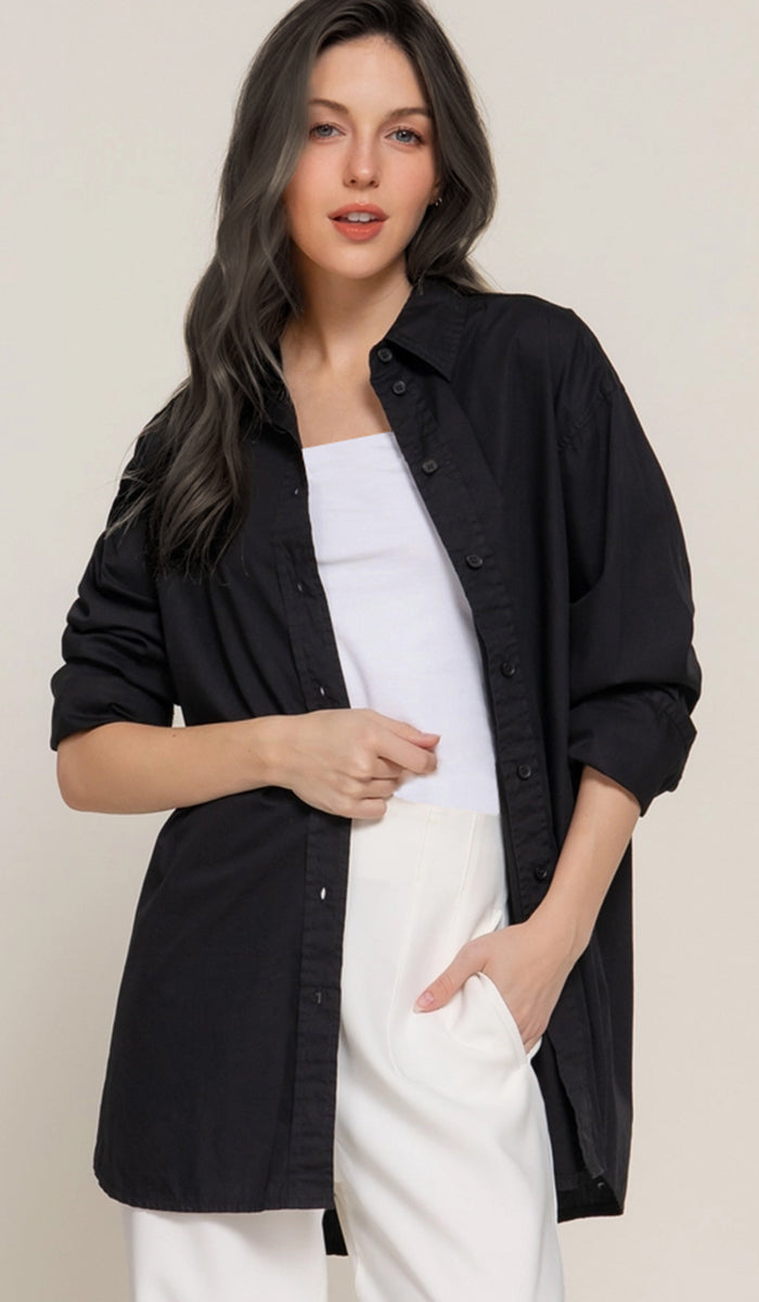 Zarin Relaxed Fit Cotton Poplin Buttondown Shirt - Black