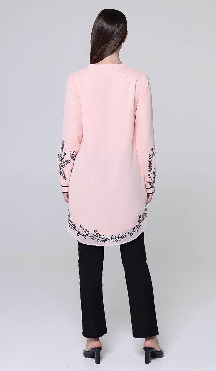 Zayna Embroidered Modest Midi Tunic - Blush/Black