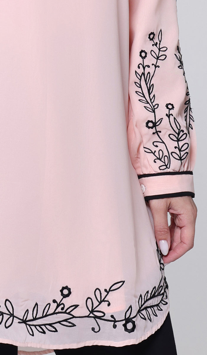 Zayna Embroidered Modest Midi Tunic - Blush/Black