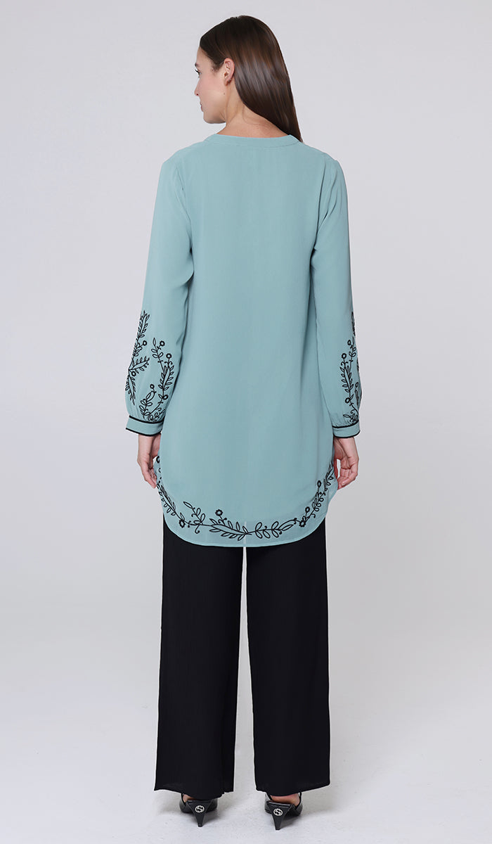 Zayna Embroidered Modest Midi Tunic - Sea green/Black