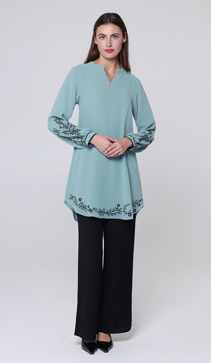 Zayna Embroidered Modest Midi Tunic - Sea green/Black