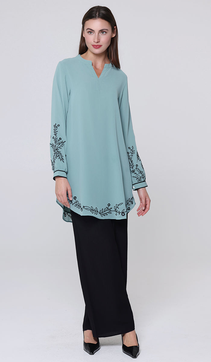 Zayna Embroidered Modest Midi Tunic - Sea green/Black