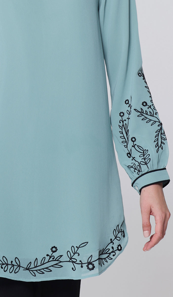 Zayna Embroidered Modest Midi Tunic - Sea green/Black