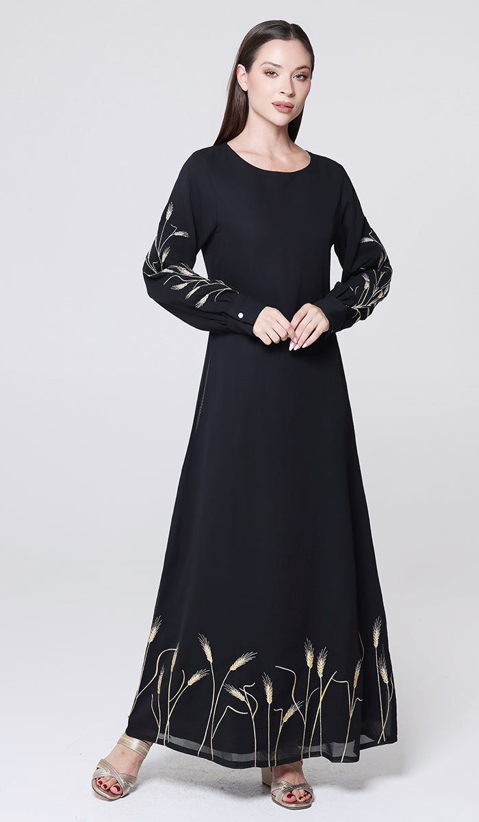 Zeeba Gold Embellished Modest Long Maxi Dress - Black - PREORDER (ships in 2 weeks)