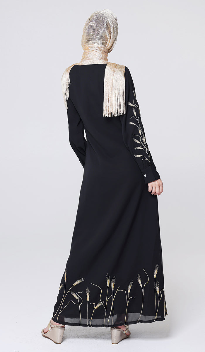 Zeeba Gold Embellished Modest Long Maxi Dress - Black - PREORDER (ships in 2 weeks)