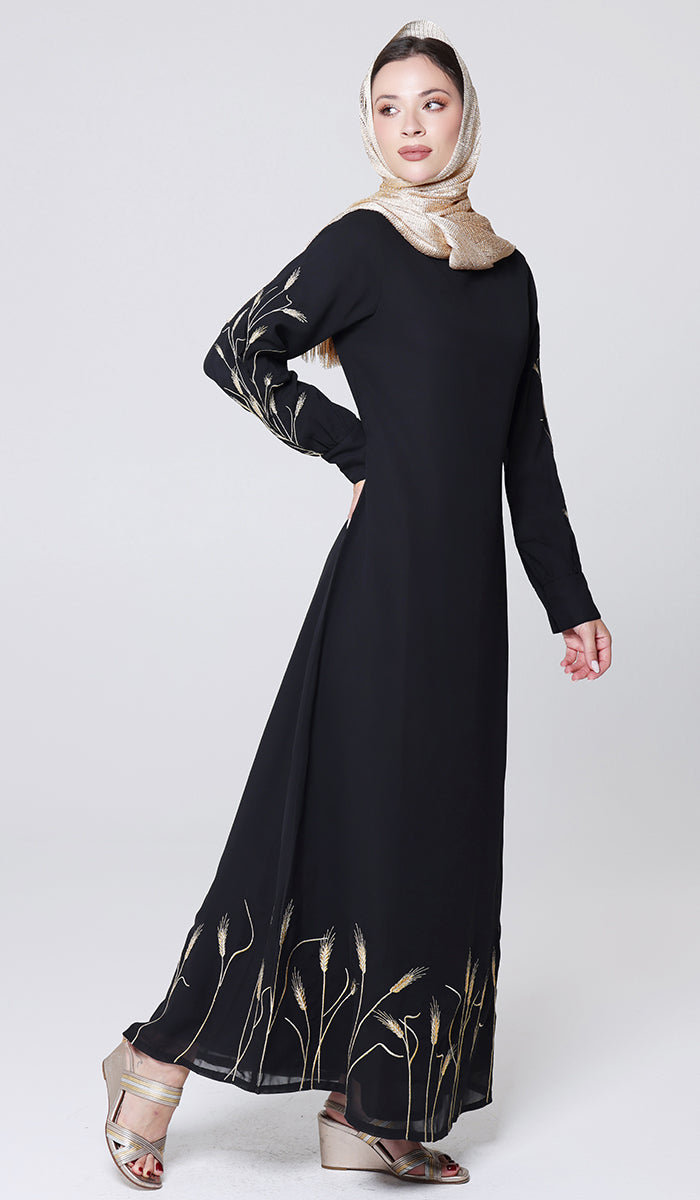 Zeeba Gold Embellished Modest Long Maxi Dress - Black - PREORDER (ships in 2 weeks)