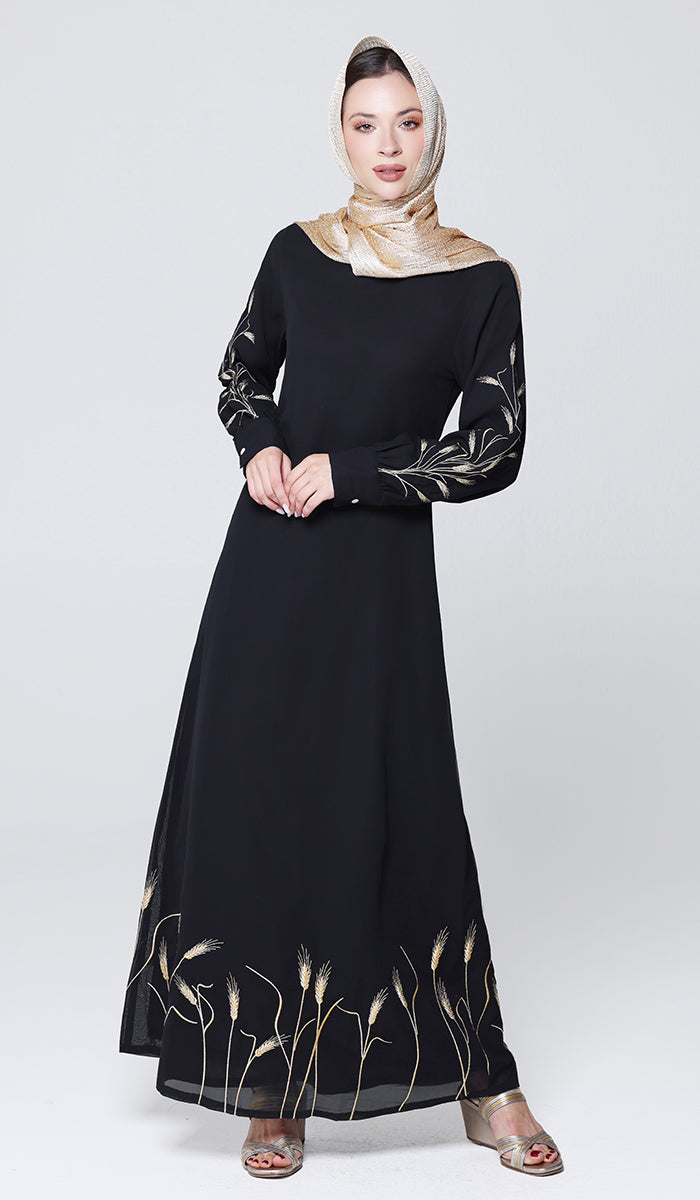 Zeeba Gold Embellished Modest Long Maxi Dress - Black - PREORDER (ships in 2 weeks)