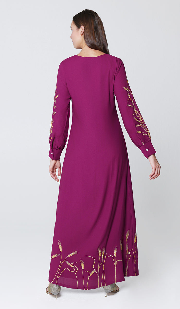 magenta purple dress Zeeba Magenta and Gold Embroidered Formal Modest Long Maxi Dress | Modest Muslim Dresses