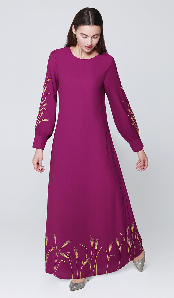 Zeeba Gold Embellished Modest Long Maxi Dress - Magenta - PREORDER (ships in 2 weeks)