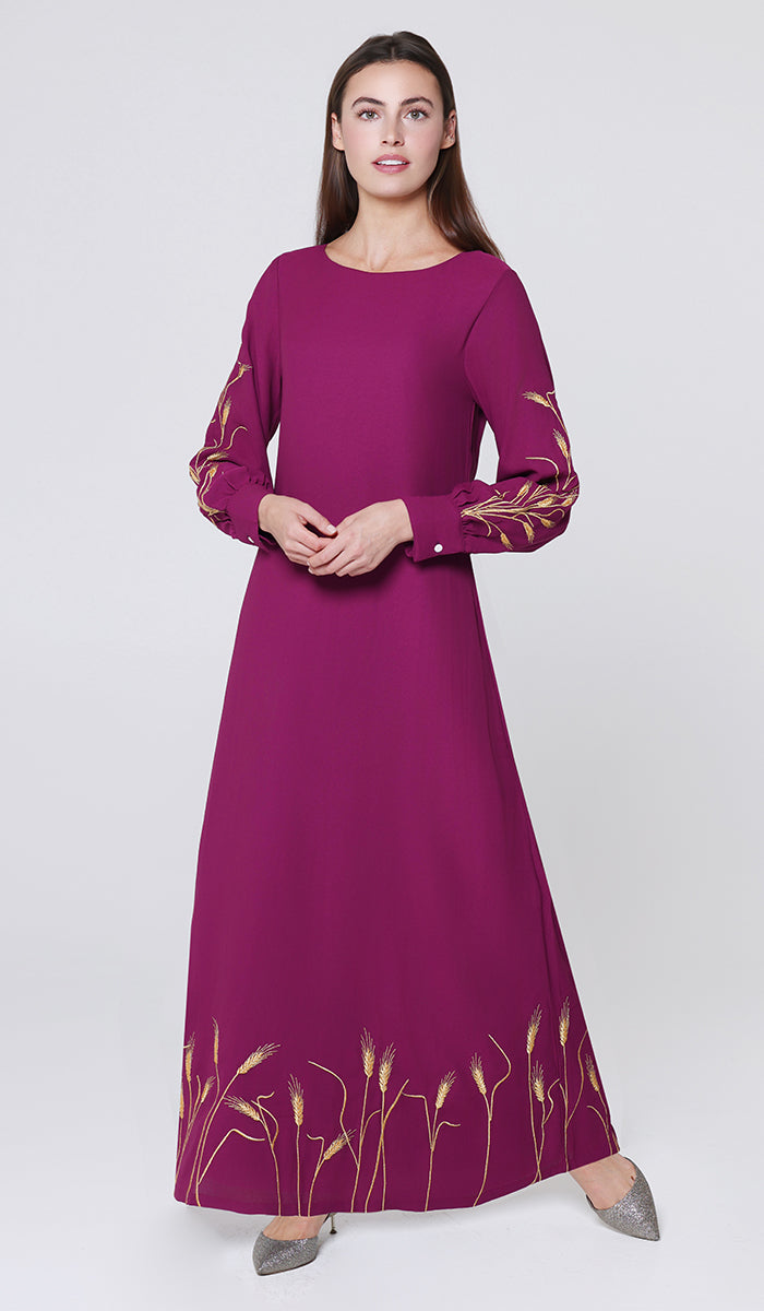 Zeeba Gold Embellished Modest Long Maxi Dress - Magenta - PREORDER (ships in 2 weeks)