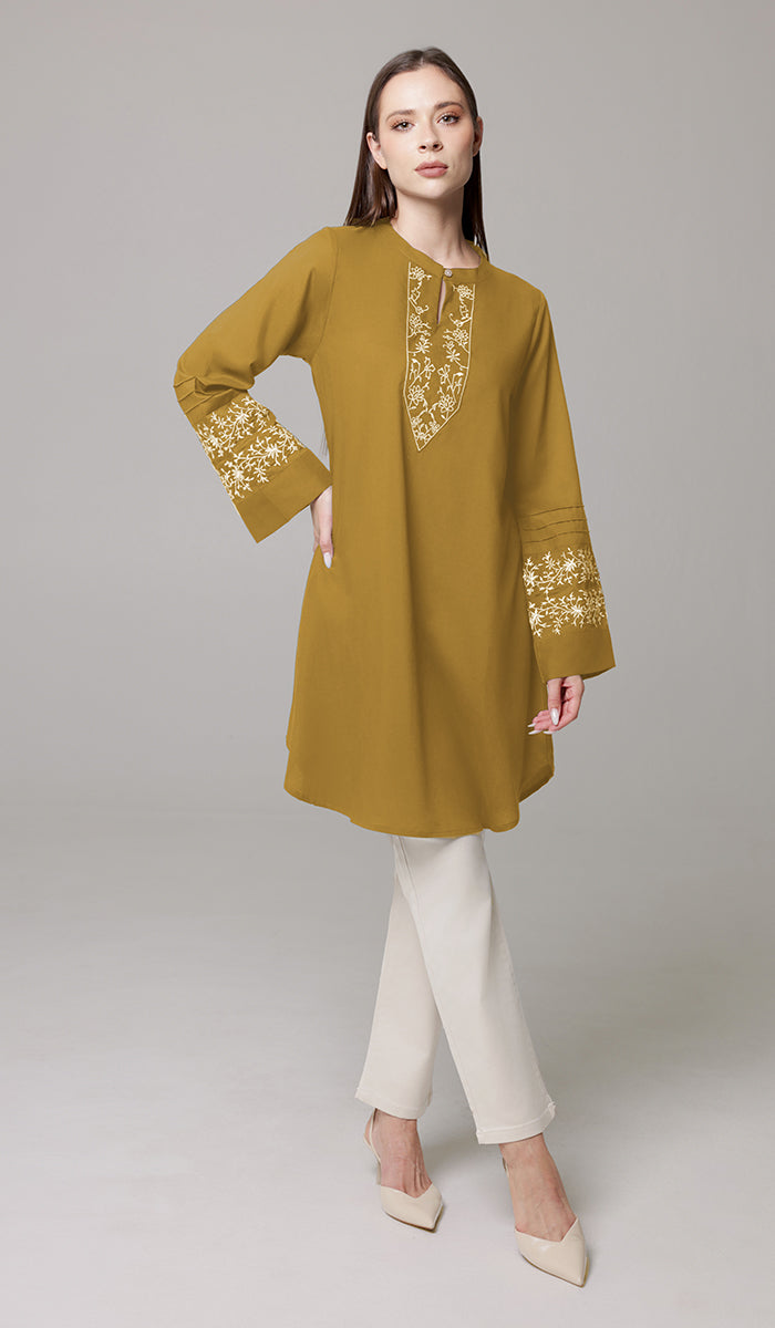 Zoha Embroidered Modest Cotton Feel Midi Tunic - Mustard - PREORDER (ships in 2 weeks)