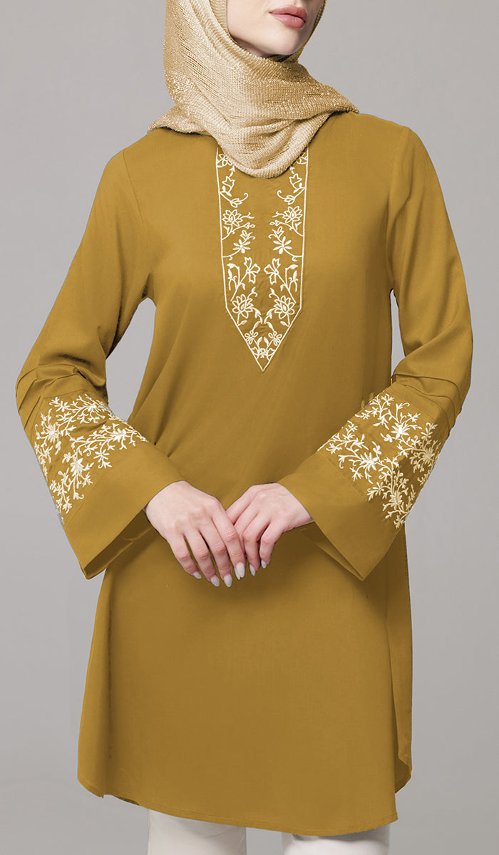 Zoha Embroidered Modest Cotton Feel Midi Tunic - Mustard - PREORDER (ships in 2 weeks)