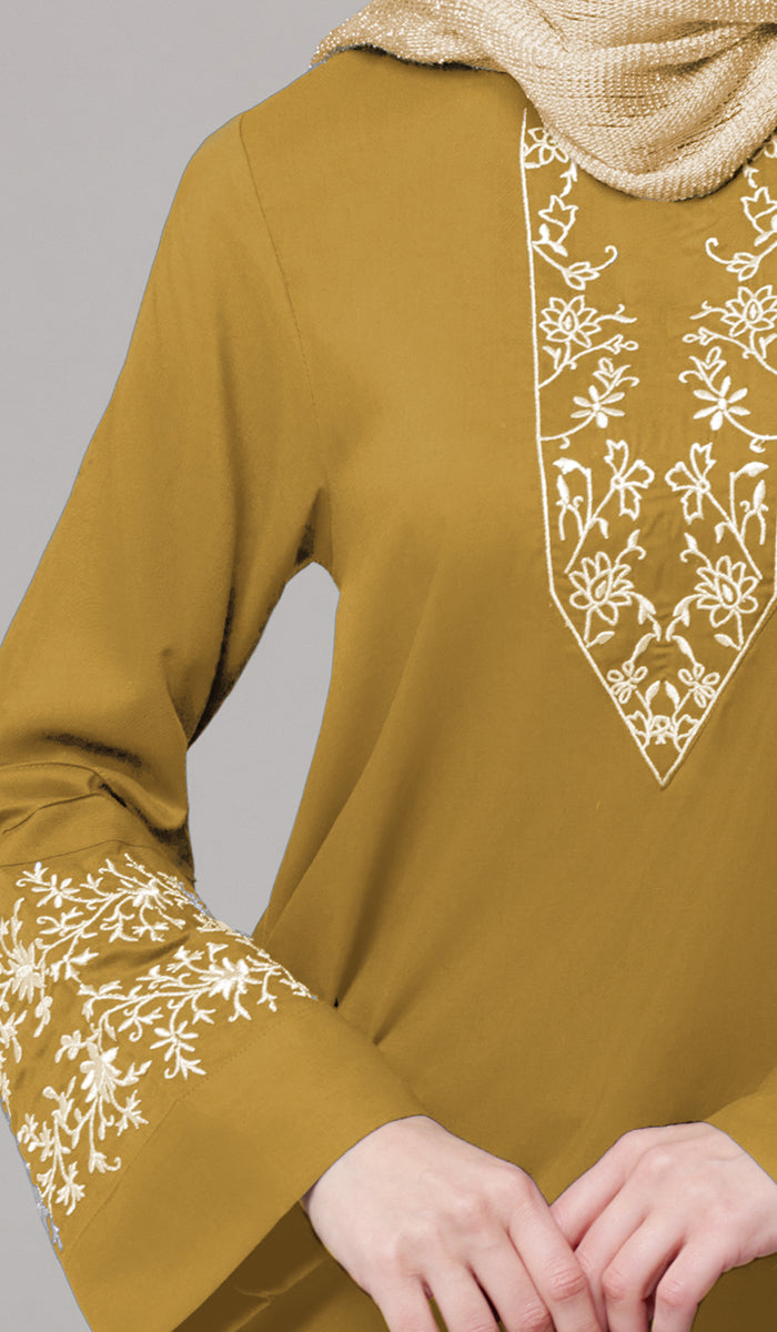 Zoha Embroidered Modest Cotton Feel Midi Tunic - Mustard - PREORDER (ships in 2 weeks)