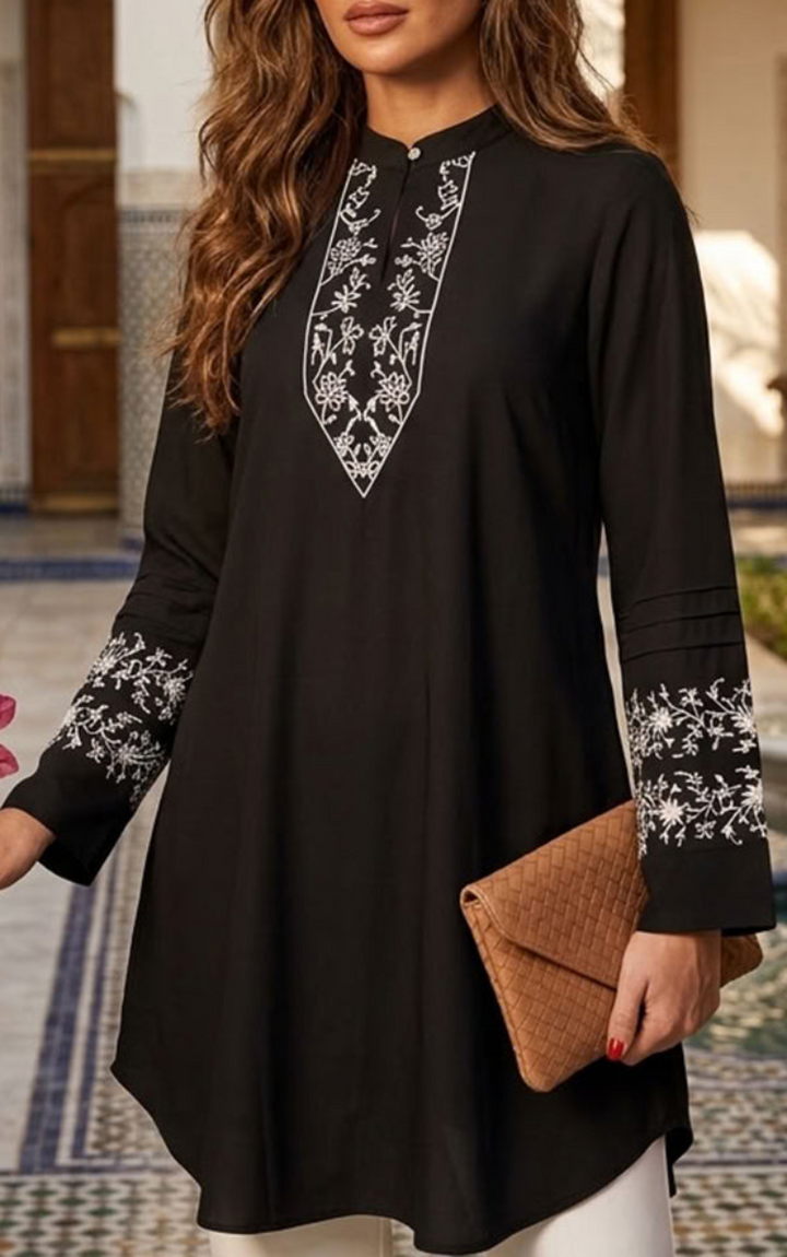 Zoha Embroidered Modest Cotton Feel Midi Tunic - Black/White - PREORDER (ships in 2 weeks)