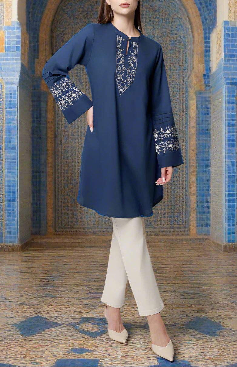 Zoha Embroidered Modest Cotton Feel Midi Tunic - Navy/Silver