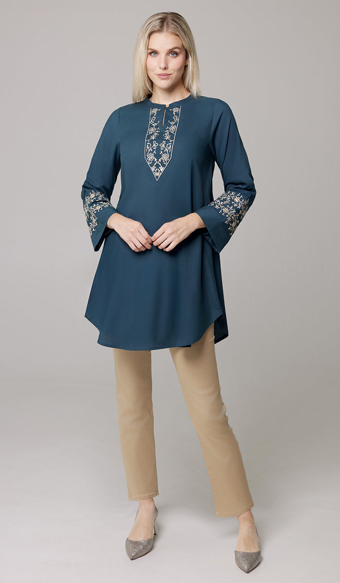 Zoha Teal and Gold Embroidered Modest Cotton Feel Midi Tunic