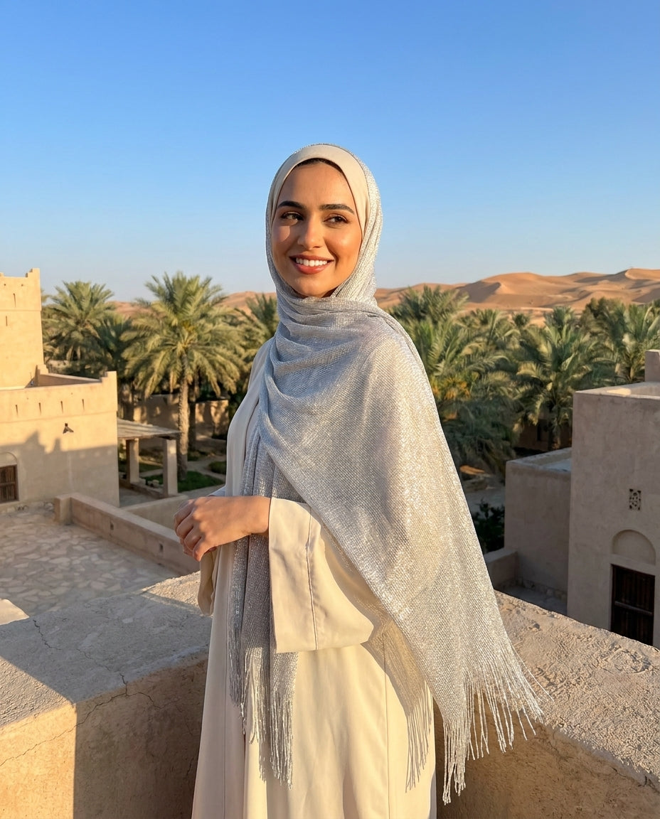 Woman in a hijab standing on a rooftop with palm trees and buildings in the background