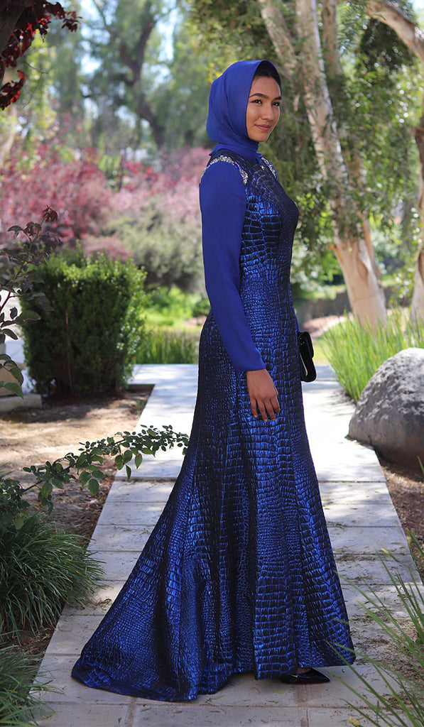 Vintage Royal Blue Floral Lace Pageant Gown One Shoulder Long Sleeve F –  Viniodress