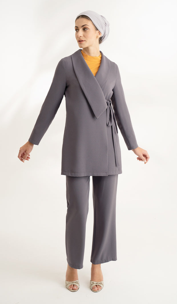 Abeer Light Long Comfy Wrap Jacket - Purple Gray