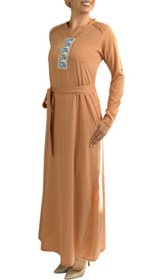 Adina Embroidered Long Maxi Dress Abaya - Beige